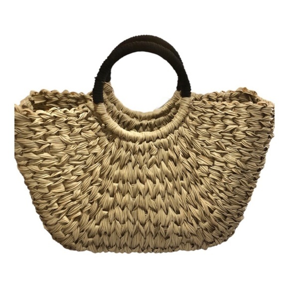 Wicker style straw basketweave black knit woven handle oversized‎ beach tote bag - Picture 2 of 15